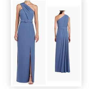 KAY UNGER Bowie Stretch Crepe 1 Shoulder Belted Gown Blue Long Gown 10 NWT $338